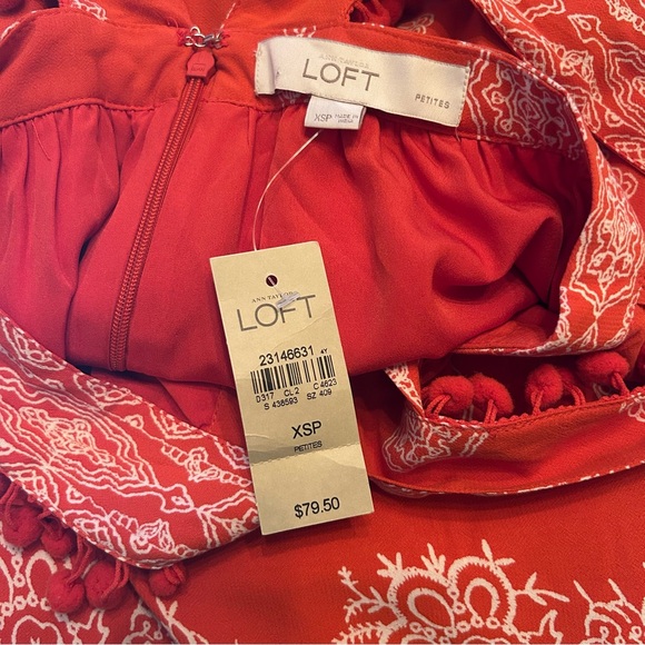 LOFT Petites Orange Bandana Print Sundress with Pom-Pom Trim | Size XSP - Picture 7 of 9